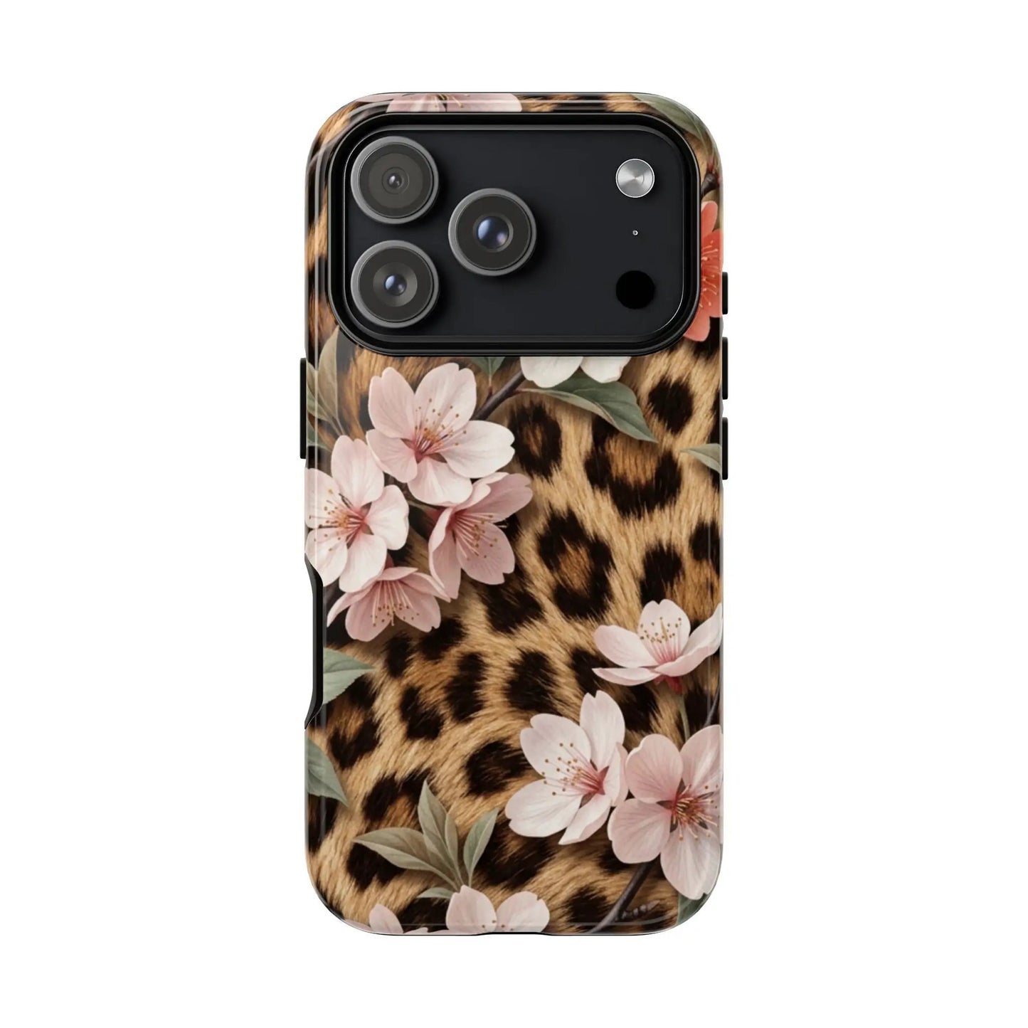Leopard Floral Tough Case — Protective Phone Case with Pink Cherry Blossoms by Printify