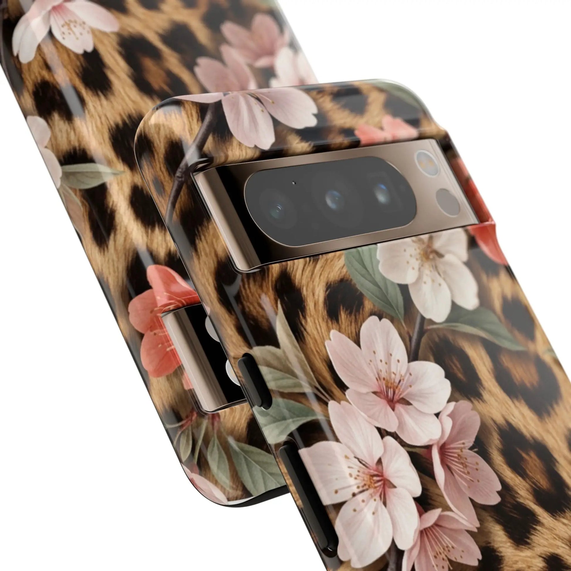 Leopard Floral Tough Case — Protective Phone Case with Pink Cherry Blossoms by Printify