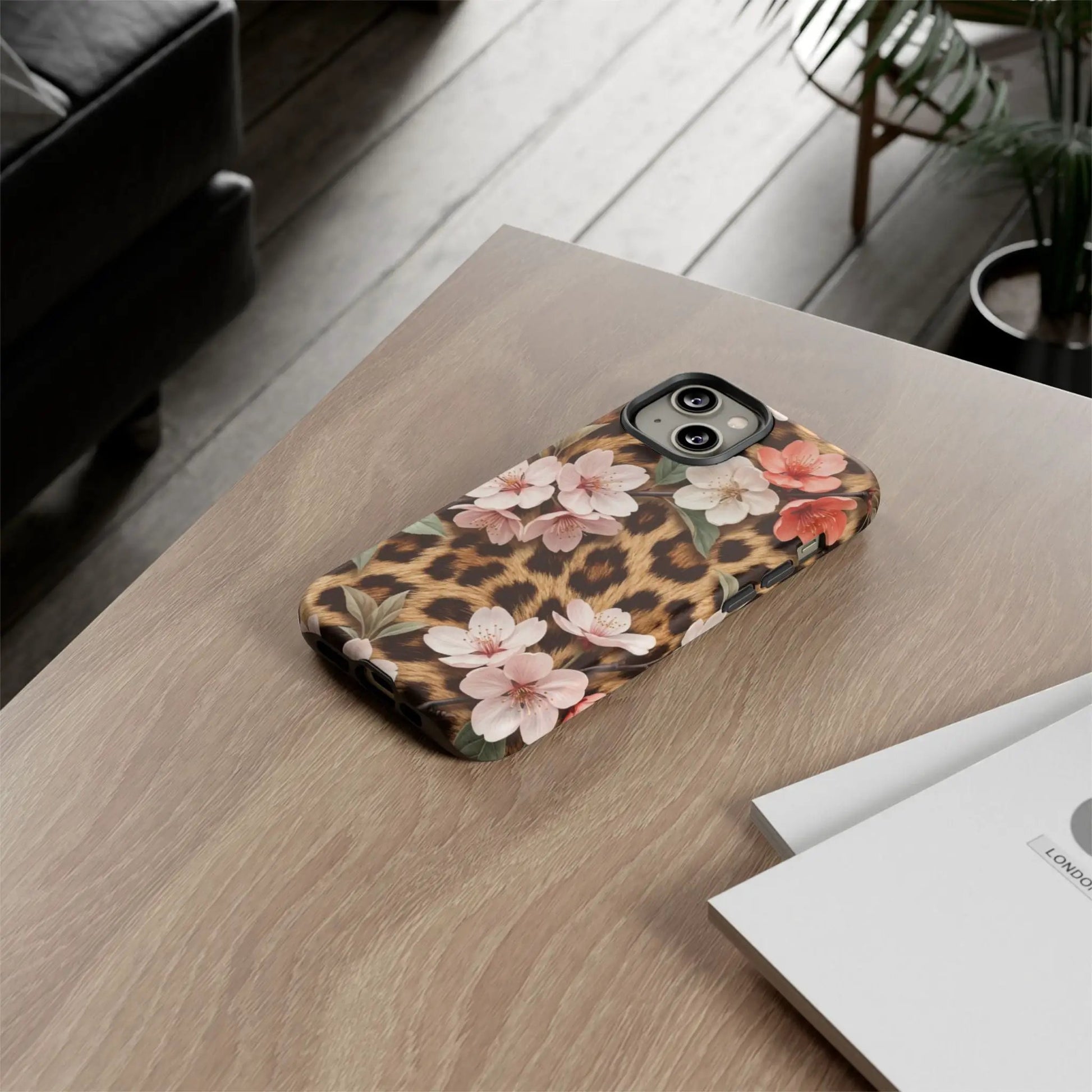 Leopard Floral Tough Case — Protective Phone Case with Pink Cherry Blossoms by Printify