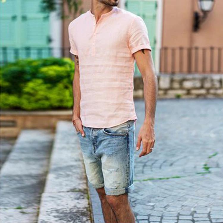 Men's Stand Collar Cotton Linen Short Sleeve Shirt by GJG Denim