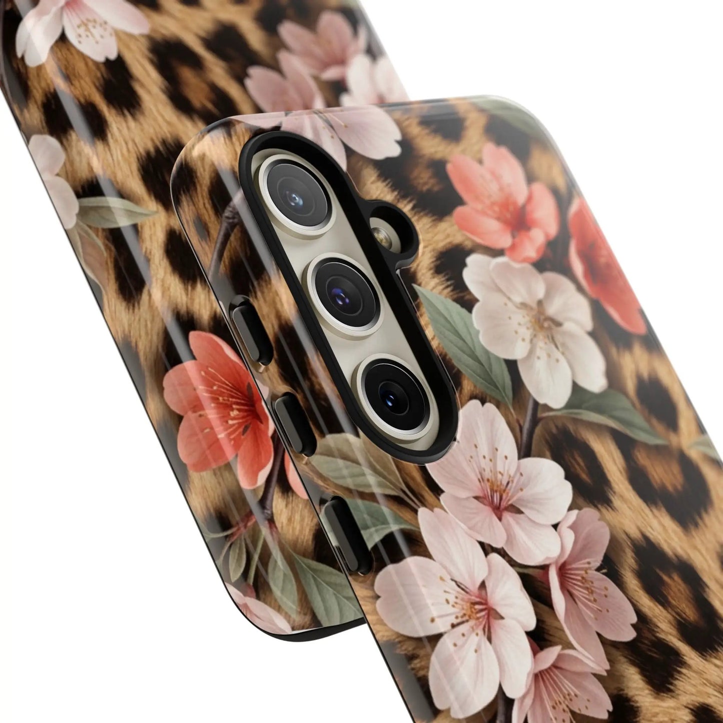 Leopard Floral Tough Case — Protective Phone Case with Pink Cherry Blossoms by Printify