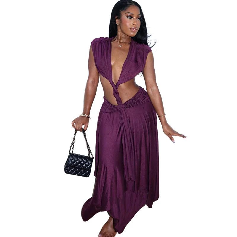 Solid-color Sexy Chic Sleeveless Low-cut V-neck Backless Dress by GJG Denim