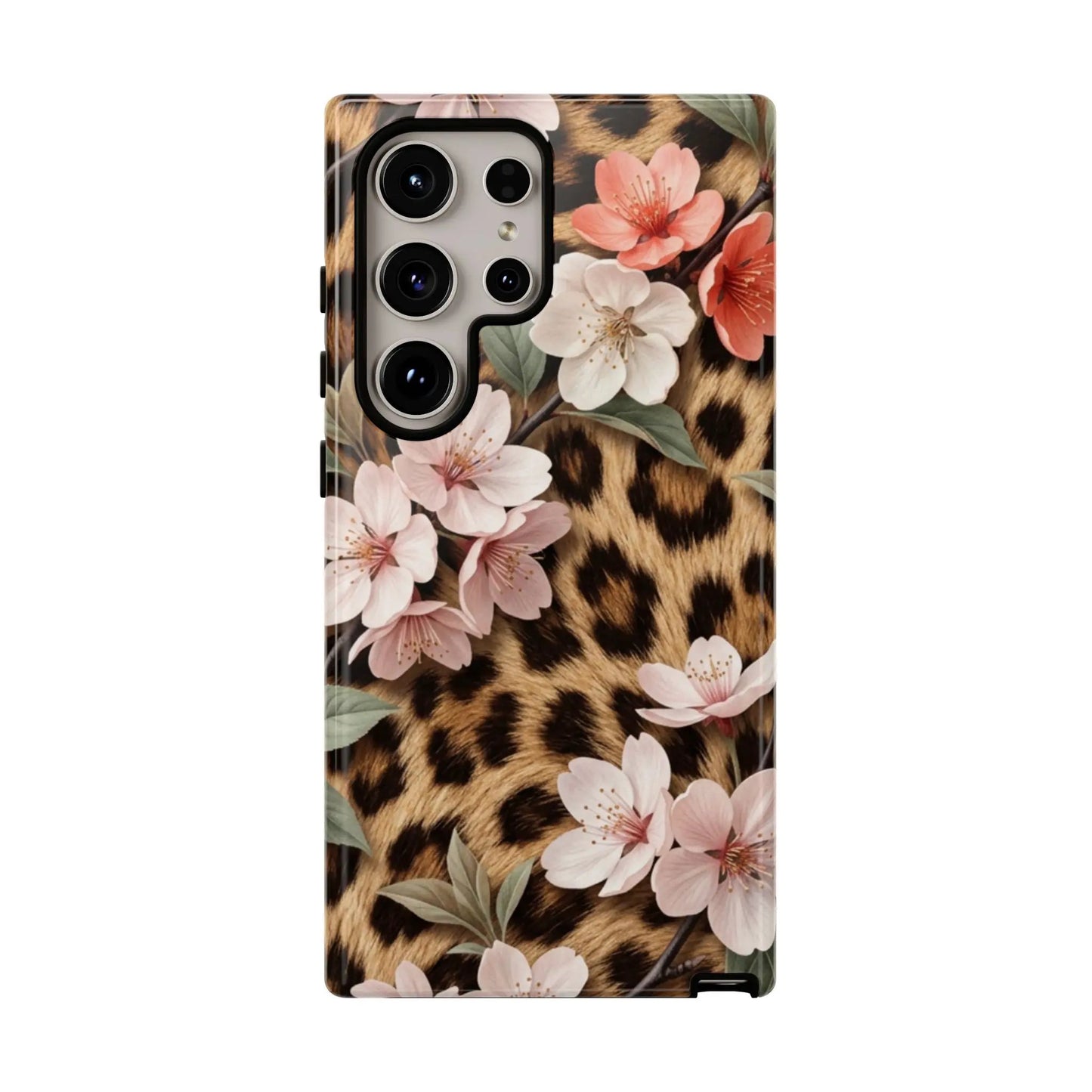 Leopard Floral Tough Case — Protective Phone Case with Pink Cherry Blossoms by Printify