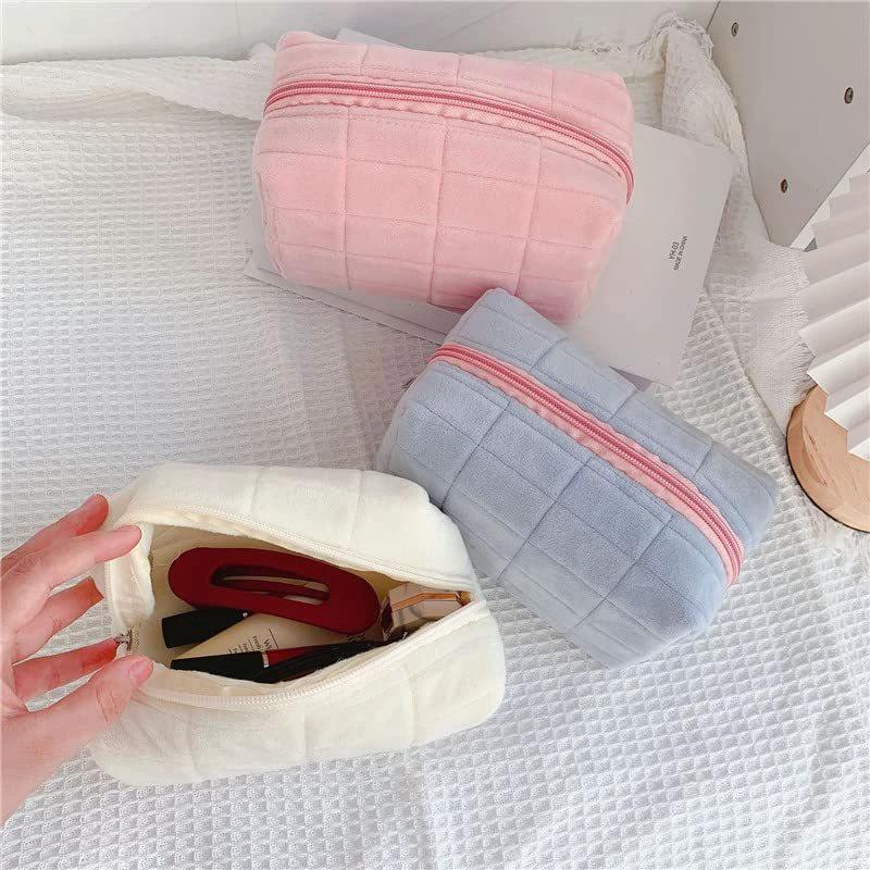 Plush Makeup Bag Checkered Cosmetic Bag Cosmetic Travel Bag Large Zipper Travel Toiletry Bag Portable Multi Functional Capacity Bag Cute Makeup Brushes Storage Bag For Women by GJG Denim