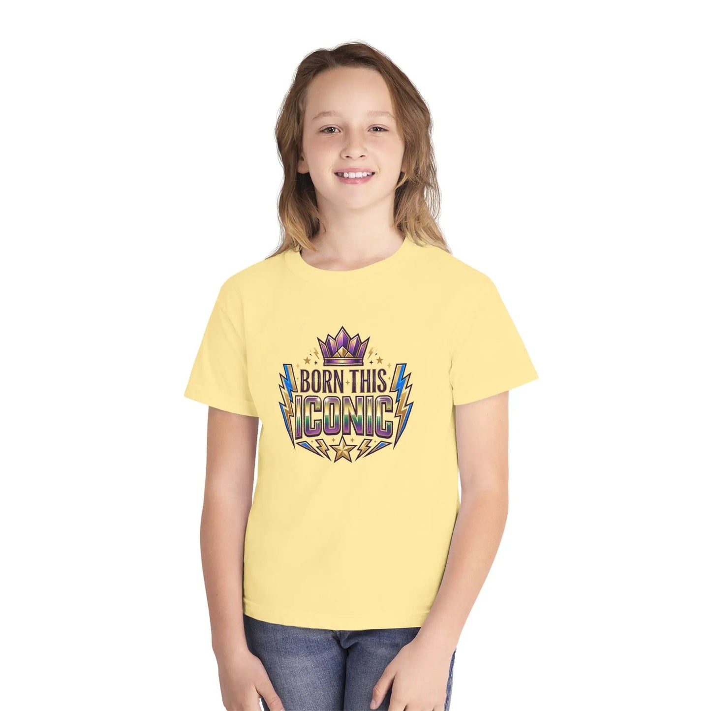 Youth Tee — "Born This Iconic" Crown Graphic by Printify