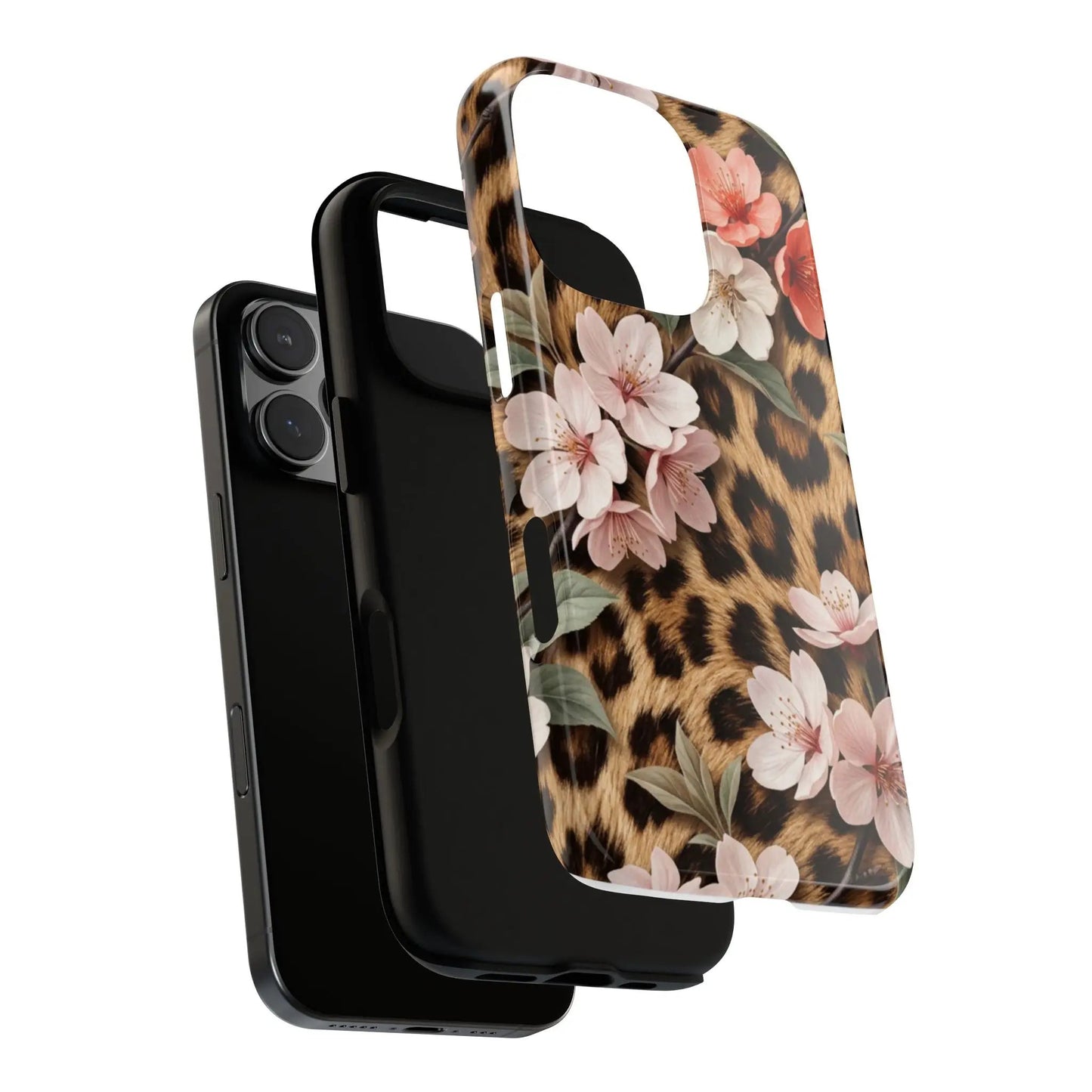 Leopard Floral Tough Case — Protective Phone Case with Pink Cherry Blossoms by Printify