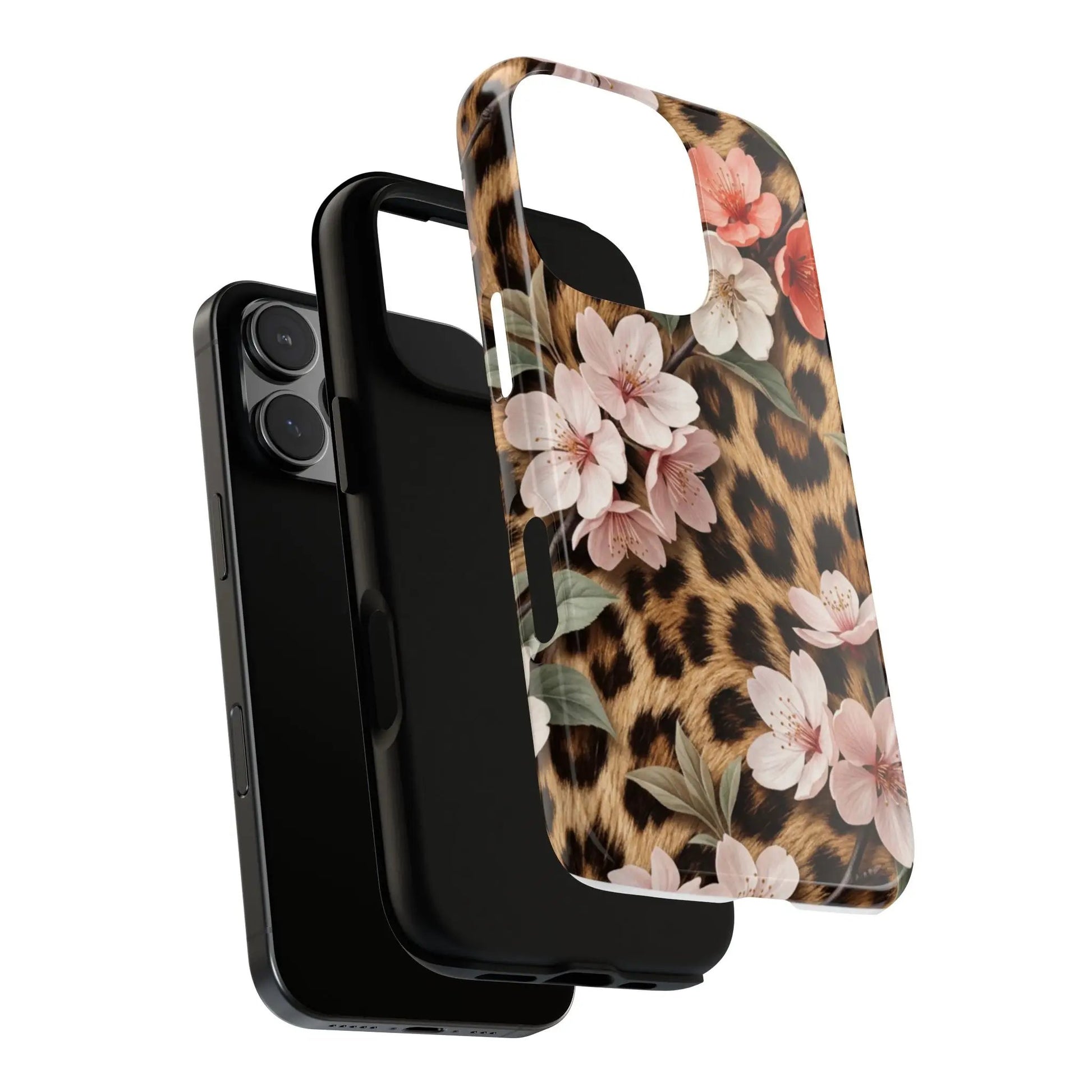 Leopard Floral Tough Case — Protective Phone Case with Pink Cherry Blossoms by Printify