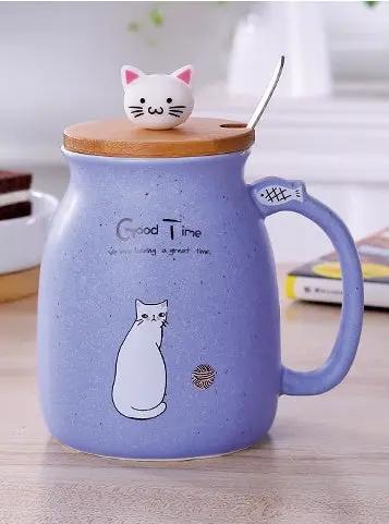 450ml Cartoon Ceramics Cat Mug With Lid and Spoon Coffee Milk Tea Mugs Breakfast Cup Drinkware Novelty Gifts by GJG Denim