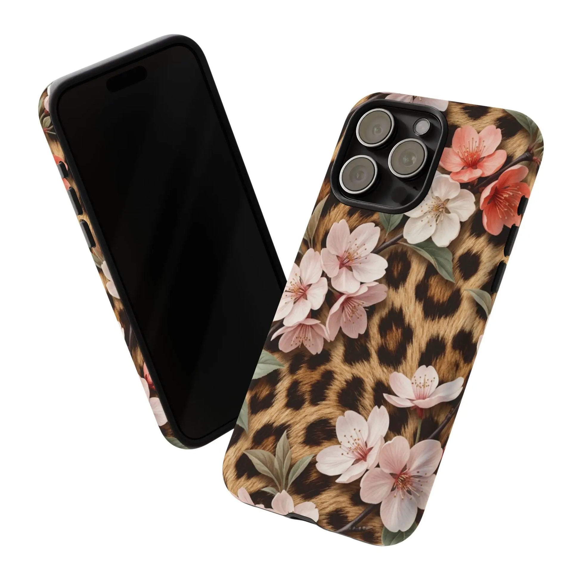Leopard Floral Tough Case — Protective Phone Case with Pink Cherry Blossoms by Printify