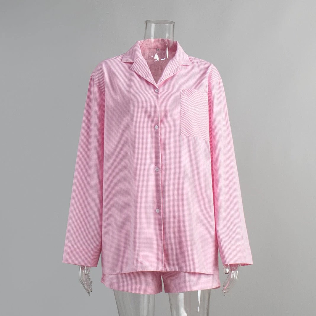 Plaid Long-Sleeve Shorts Pajama Set by GJG Denim