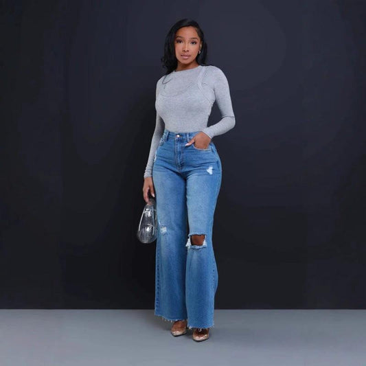 Women's Ripped High Waist Loose Straight Wide Leg Jeans by GJG Denim