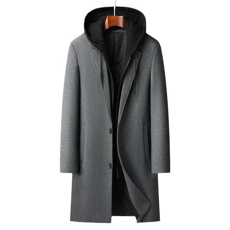 Men's Detachable Hooded Mid-length Woolen Trench Coat by GJG Denim