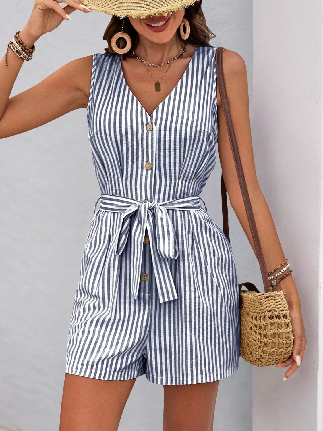 Perfee Striped V-Neck Tie Waist Romper by Lady Ros