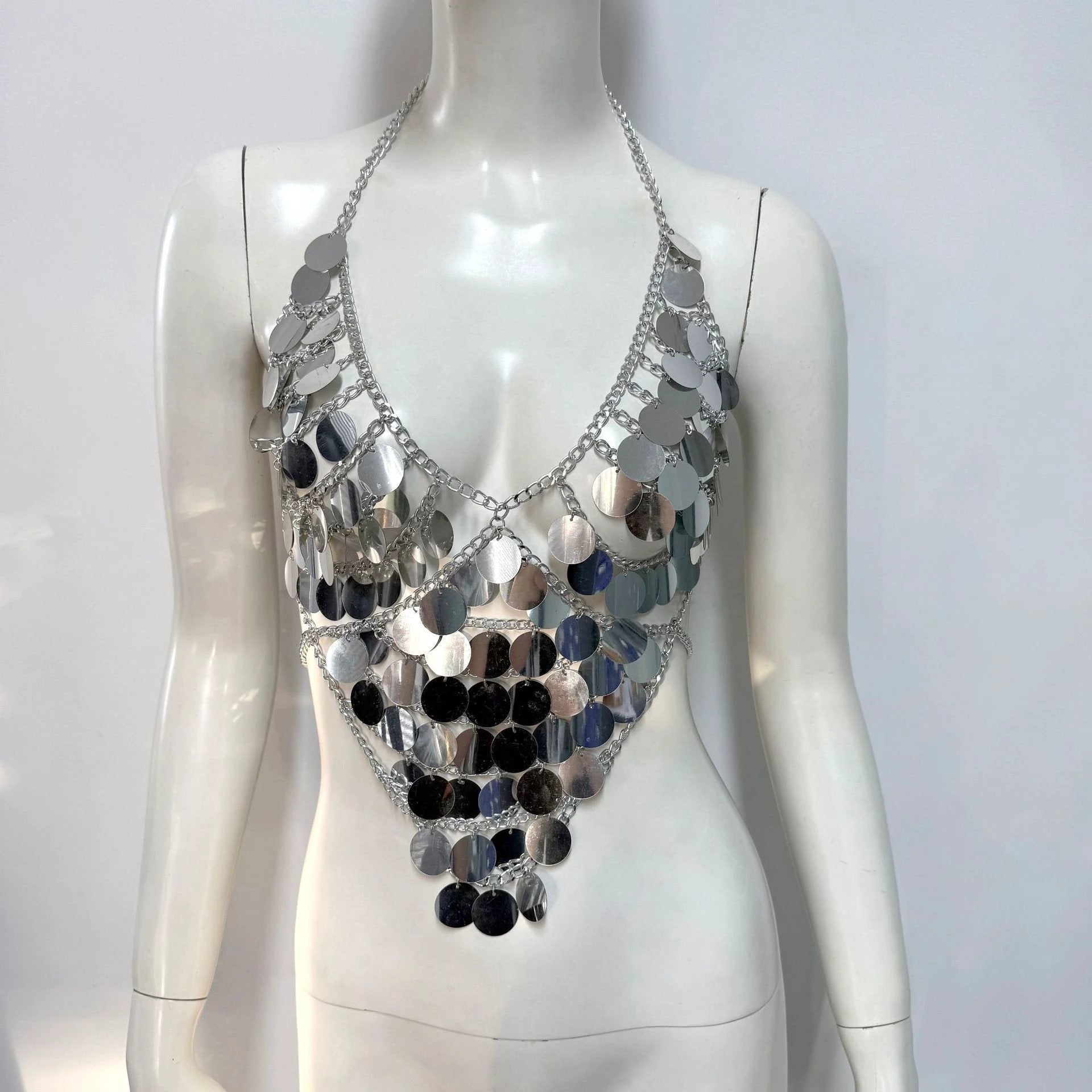 Women's Fishnet Sequin Stitching Halterneck Vest by GJG Denim