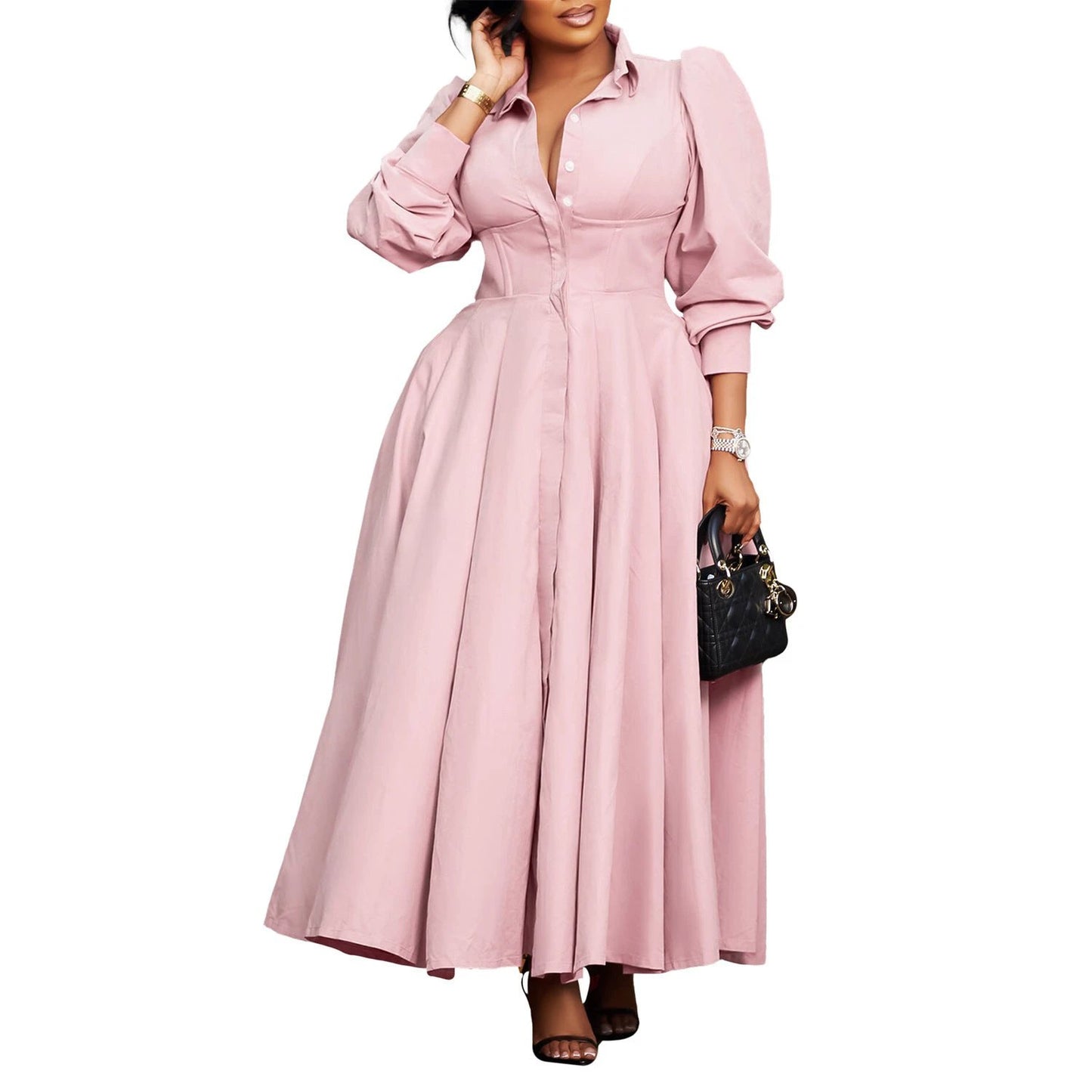 Women's Elegant Long Sleeve Big Hem Shirt Solid Color Dress by GJG Denim