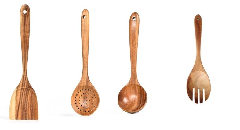 Teak Natural Wood Kitchen Utensils Set by GJG Denim