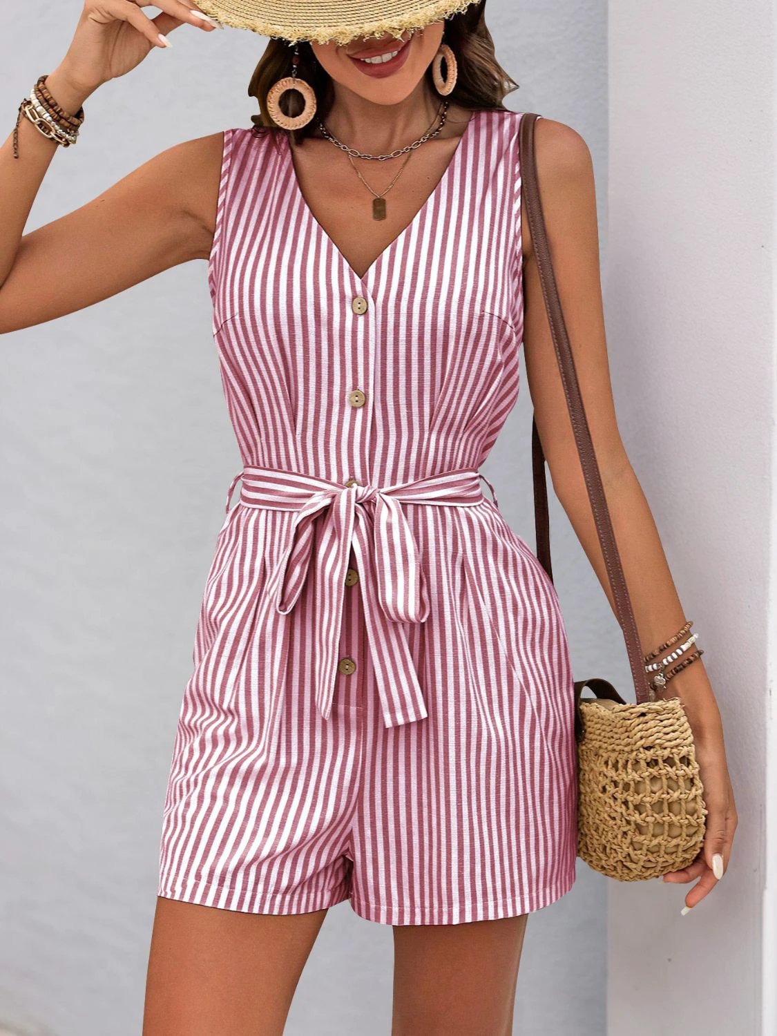 Perfee Striped V-Neck Tie Waist Romper by Lady Ros