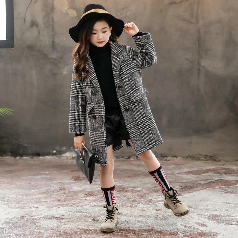 Gray plaid houndstooth coat for girls by GJG Denim