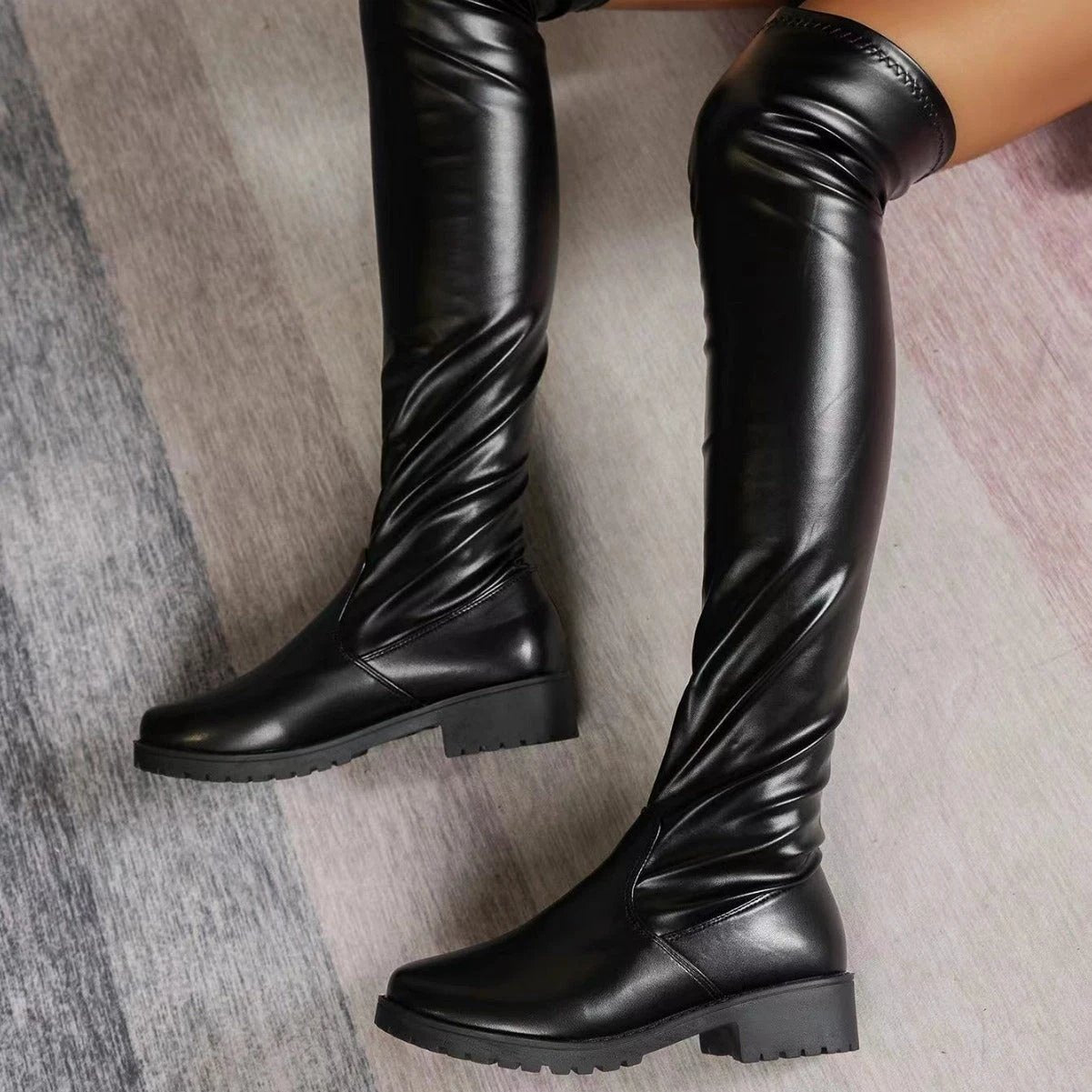Women's Over-the-knee Stretch Low Heel Chunky Heel Boots by GJG Denim