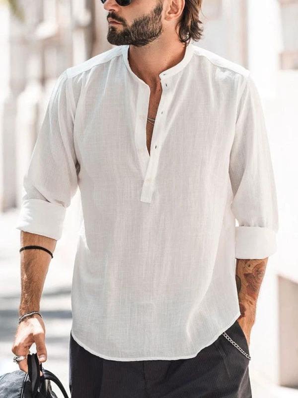 Men's Casual Stand-up Collar Solid Color Long Sleeve Shirt by GJG Denim