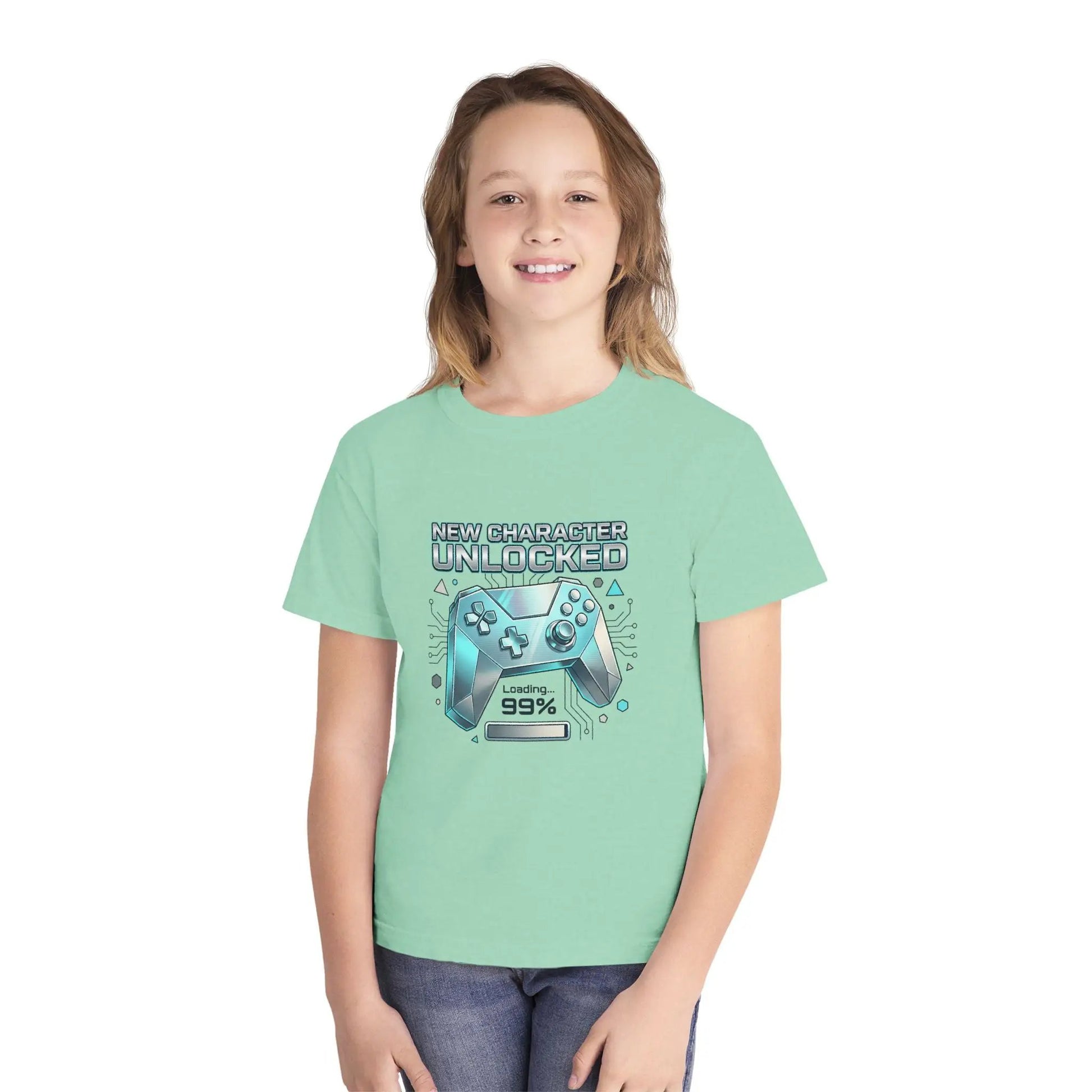 Youth Gaming Tee - "New Character Unlocked" Controller Design (Loading 99%) by Printify