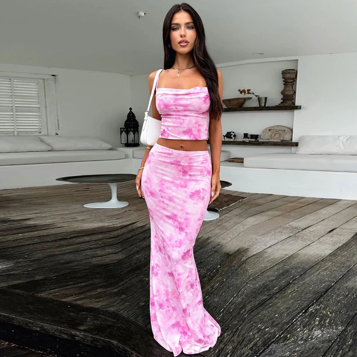 Niche Spaghetti Straps Midriff-baring Vest Sheath Skirt Two-piece Set by GJG Denim
