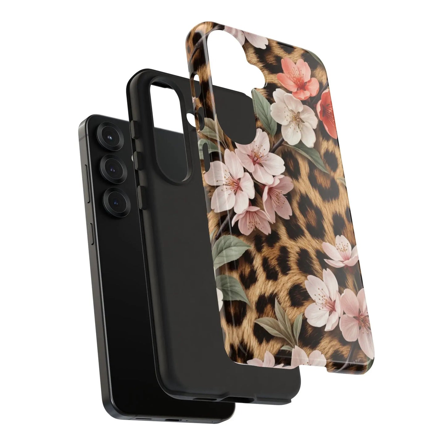 Leopard Floral Tough Case — Protective Phone Case with Pink Cherry Blossoms by Printify