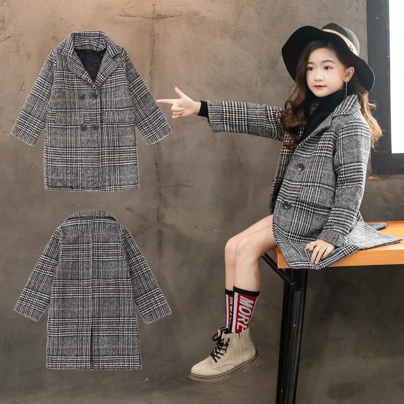 Gray plaid houndstooth coat for girls by GJG Denim