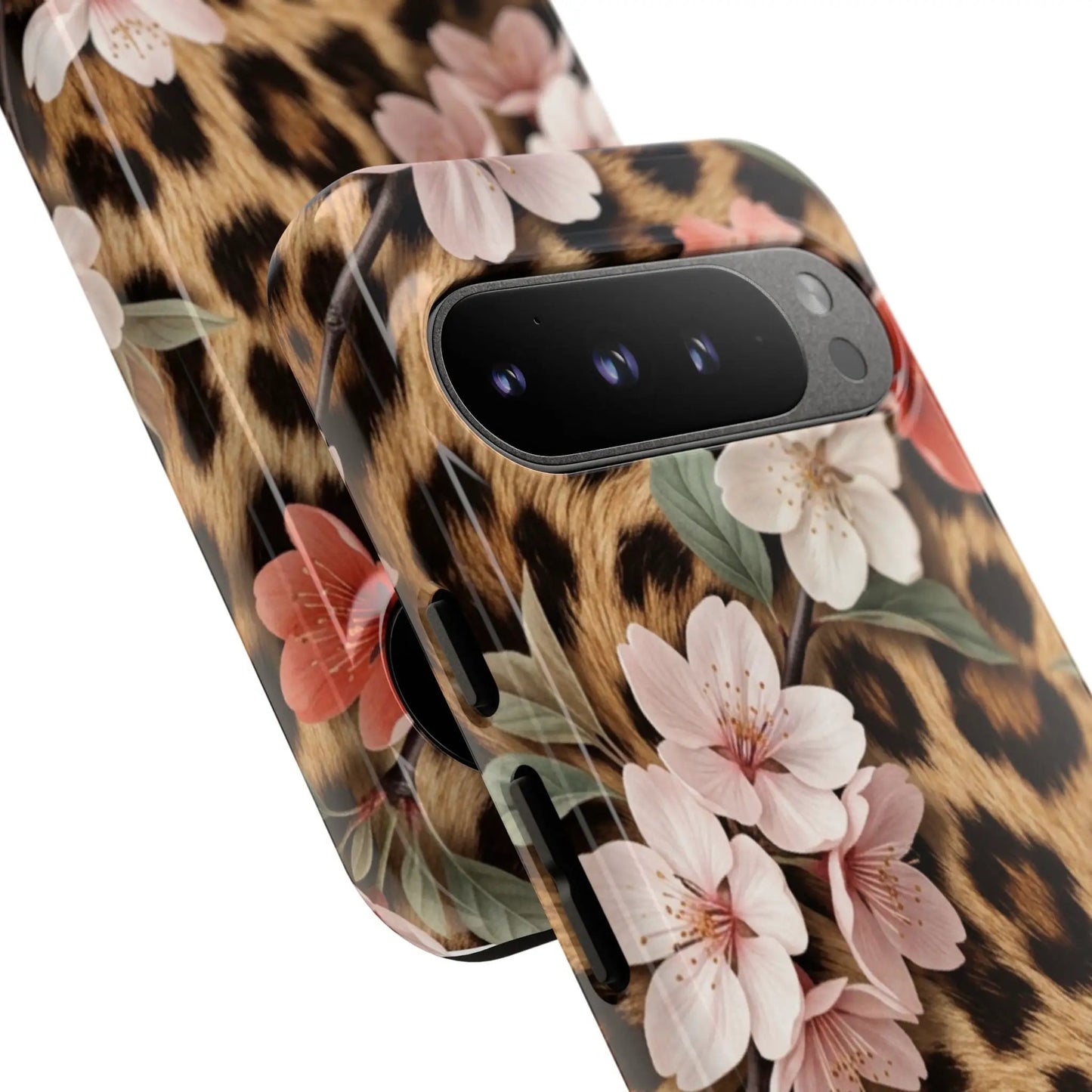 Leopard Floral Tough Case — Protective Phone Case with Pink Cherry Blossoms by Printify