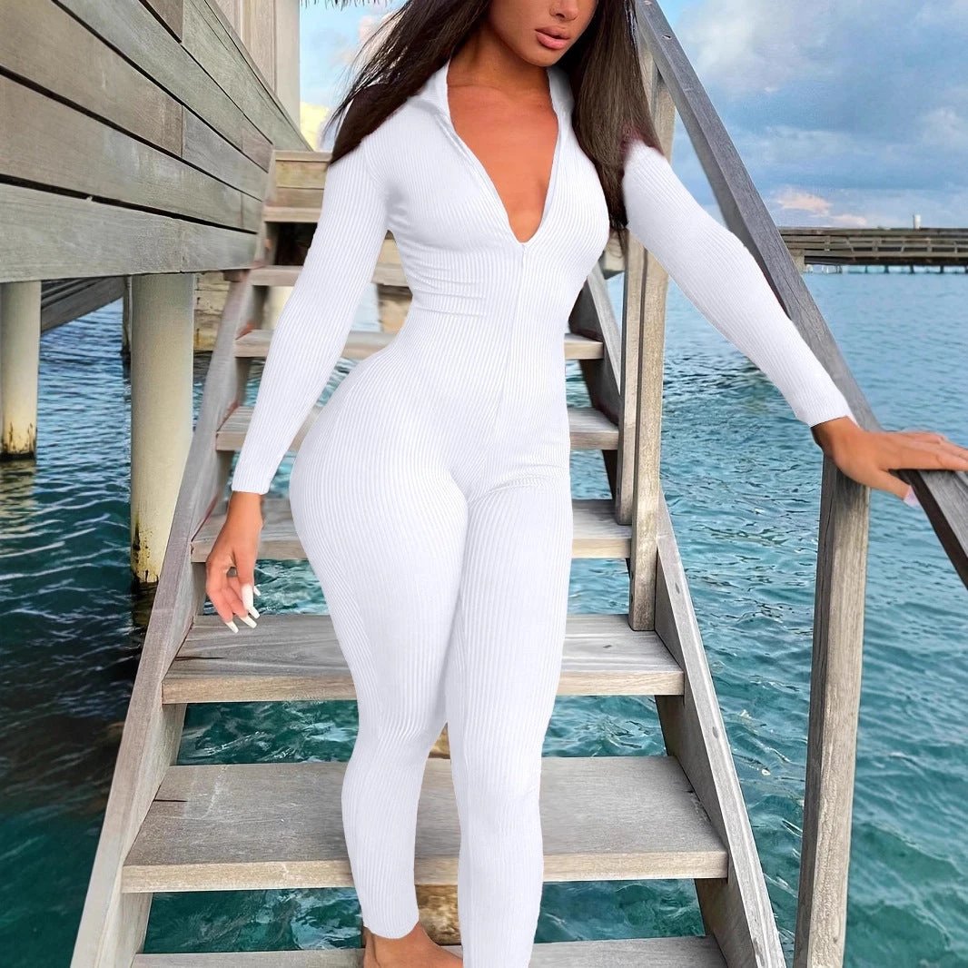Casual Ribbed Zip-up Jumpsuit Long Sleeves by GJG Denim