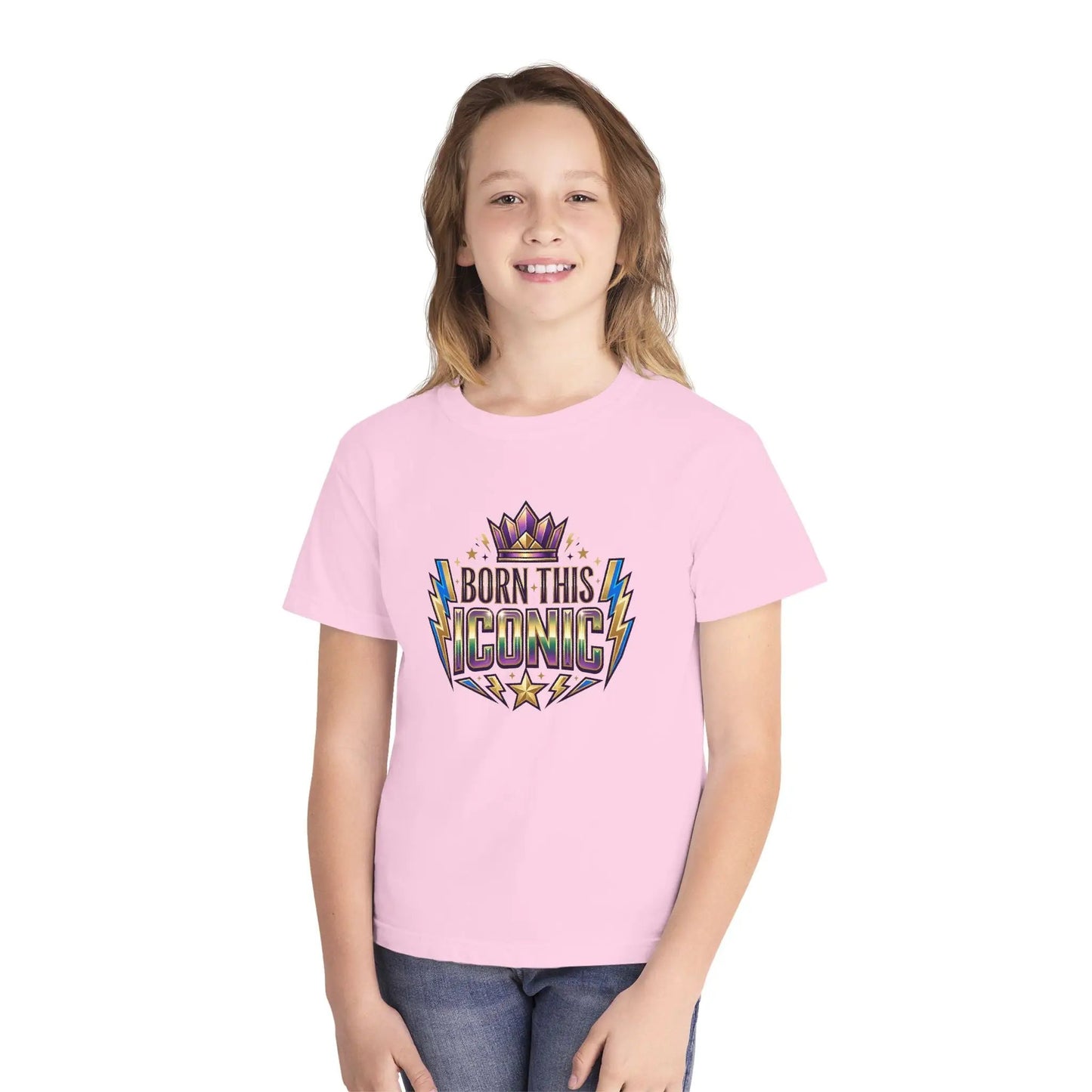 Youth Tee — "Born This Iconic" Crown Graphic by Printify