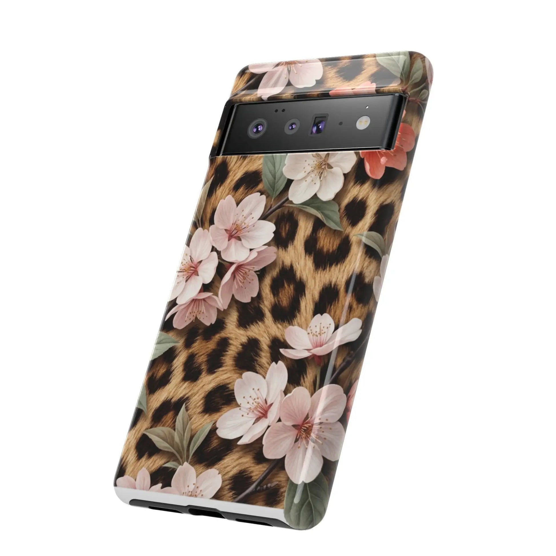 Leopard Floral Tough Case — Protective Phone Case with Pink Cherry Blossoms by Printify
