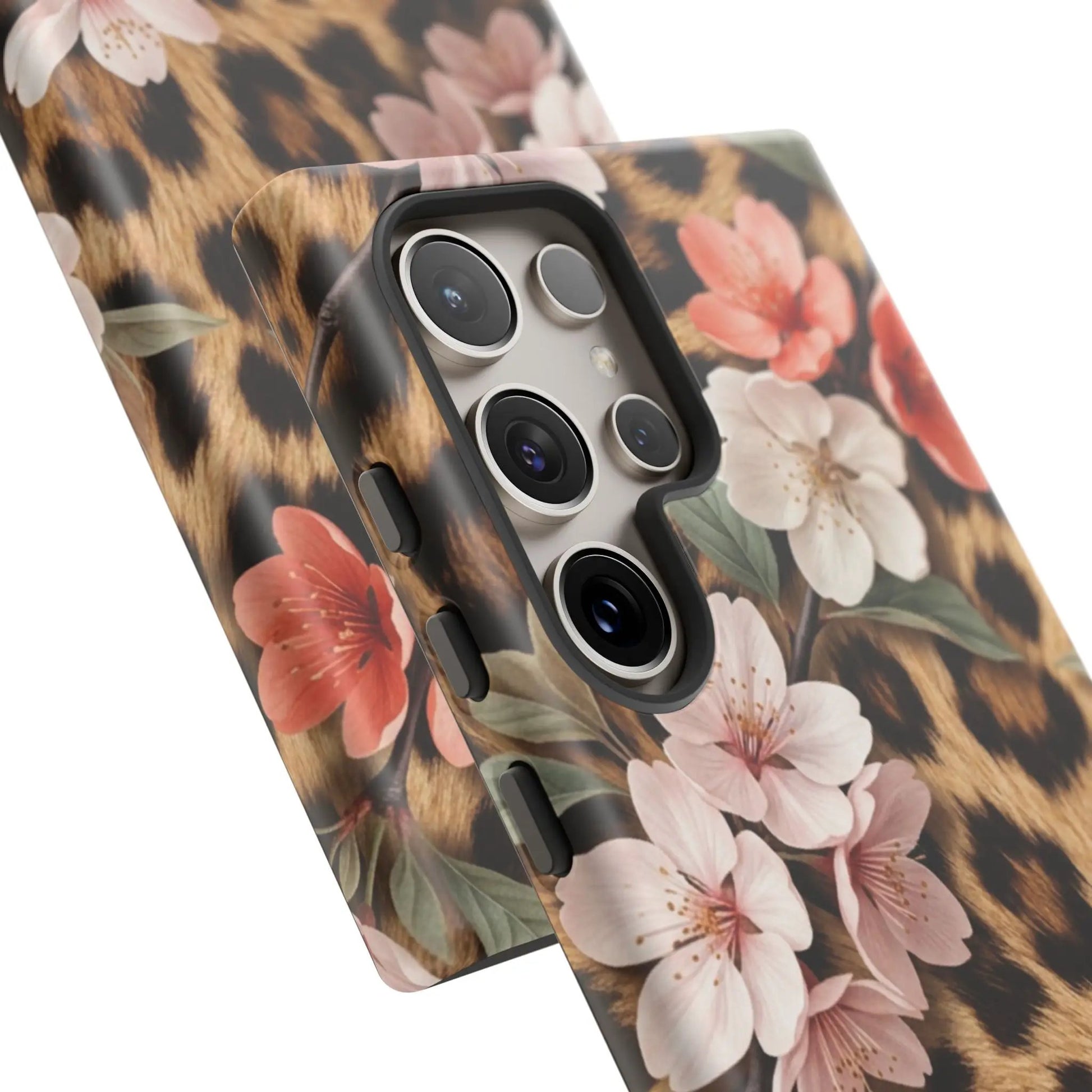 Leopard Floral Tough Case — Protective Phone Case with Pink Cherry Blossoms by Printify
