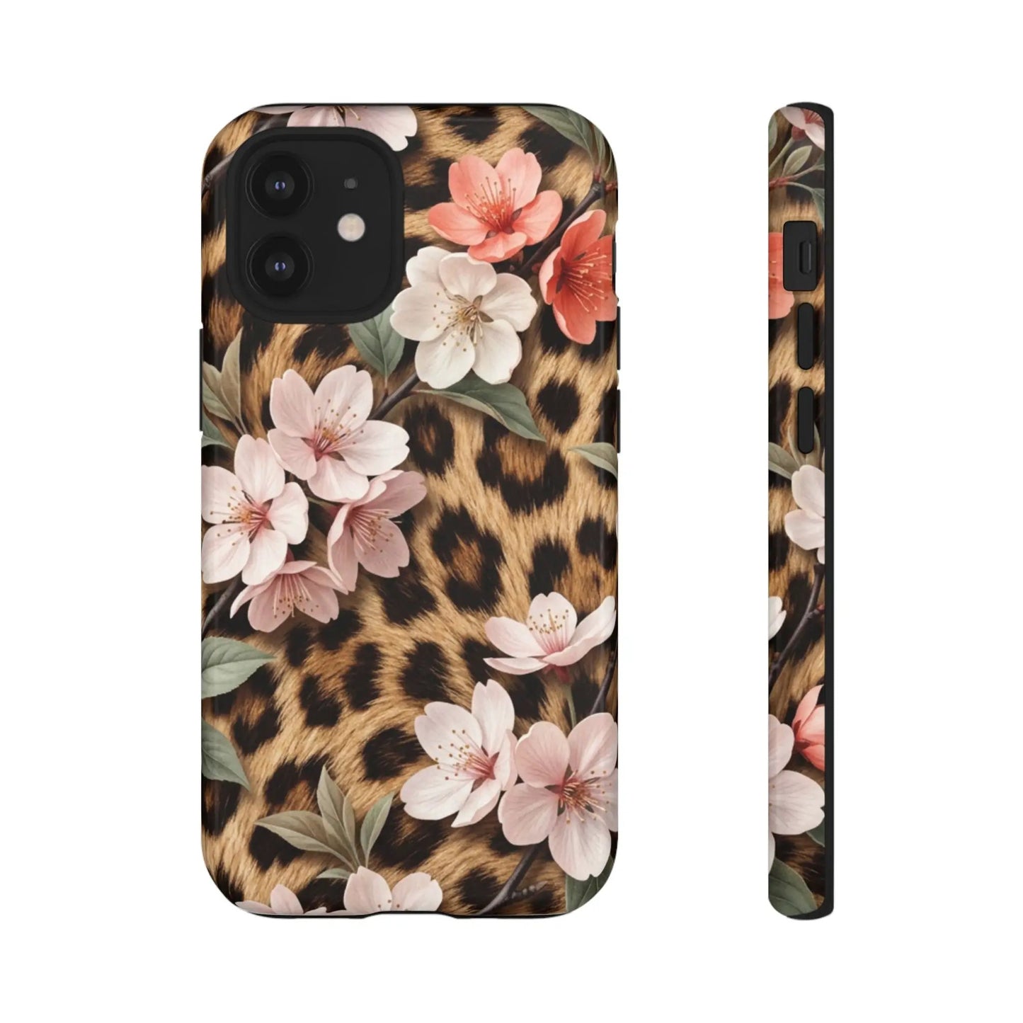 Leopard Floral Tough Case — Protective Phone Case with Pink Cherry Blossoms by Printify
