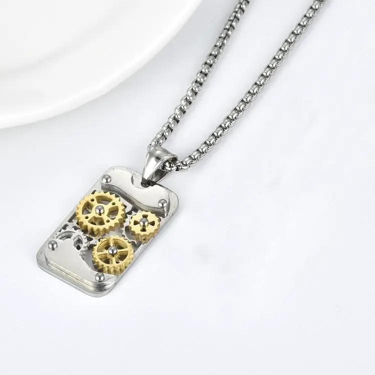 Men's Titanium Steel Transports Mechanical Gear Pendant Necklace by GJG Denim