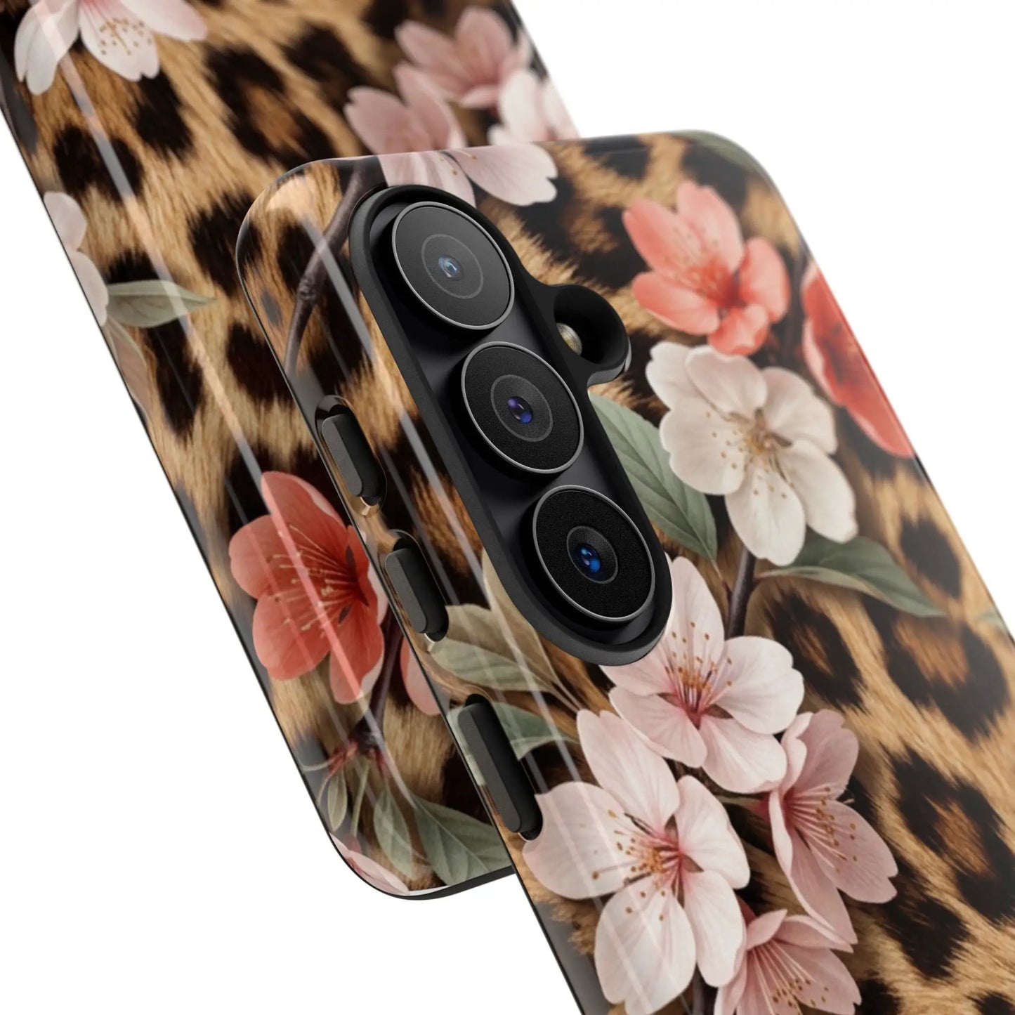 Leopard Floral Tough Case — Protective Phone Case with Pink Cherry Blossoms by Printify