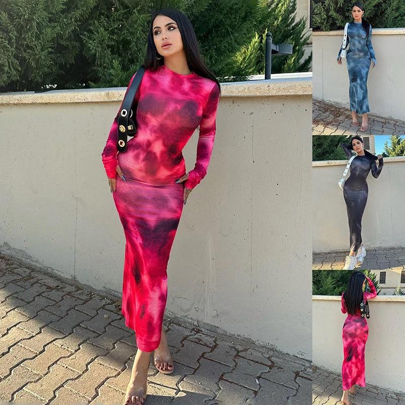 Fashion Tie-dye Long-sleeved Dress Slim Fit Hip-hugging Long Dress Womens Clothing by GJG Denim