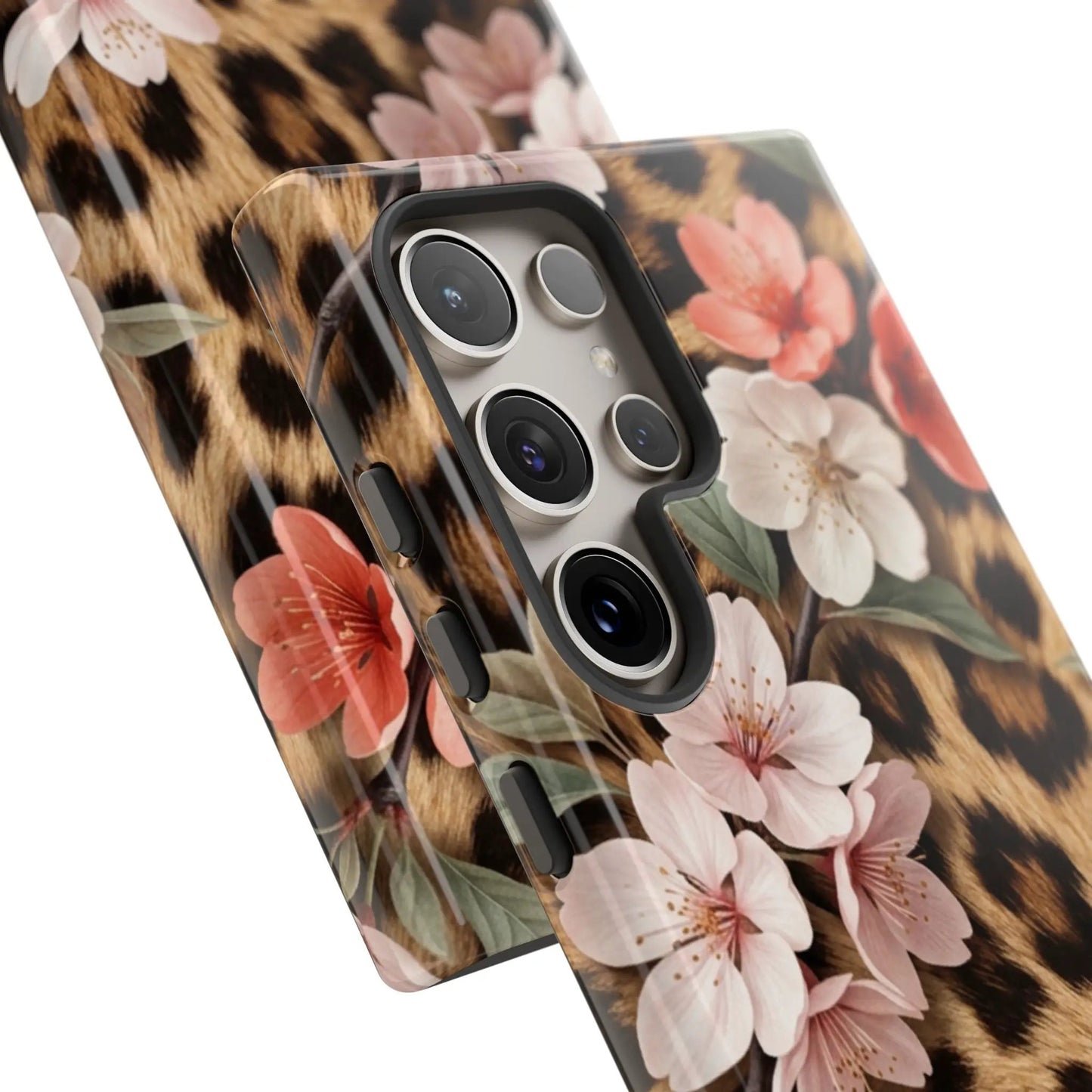 Leopard Floral Tough Case — Protective Phone Case with Pink Cherry Blossoms by Printify