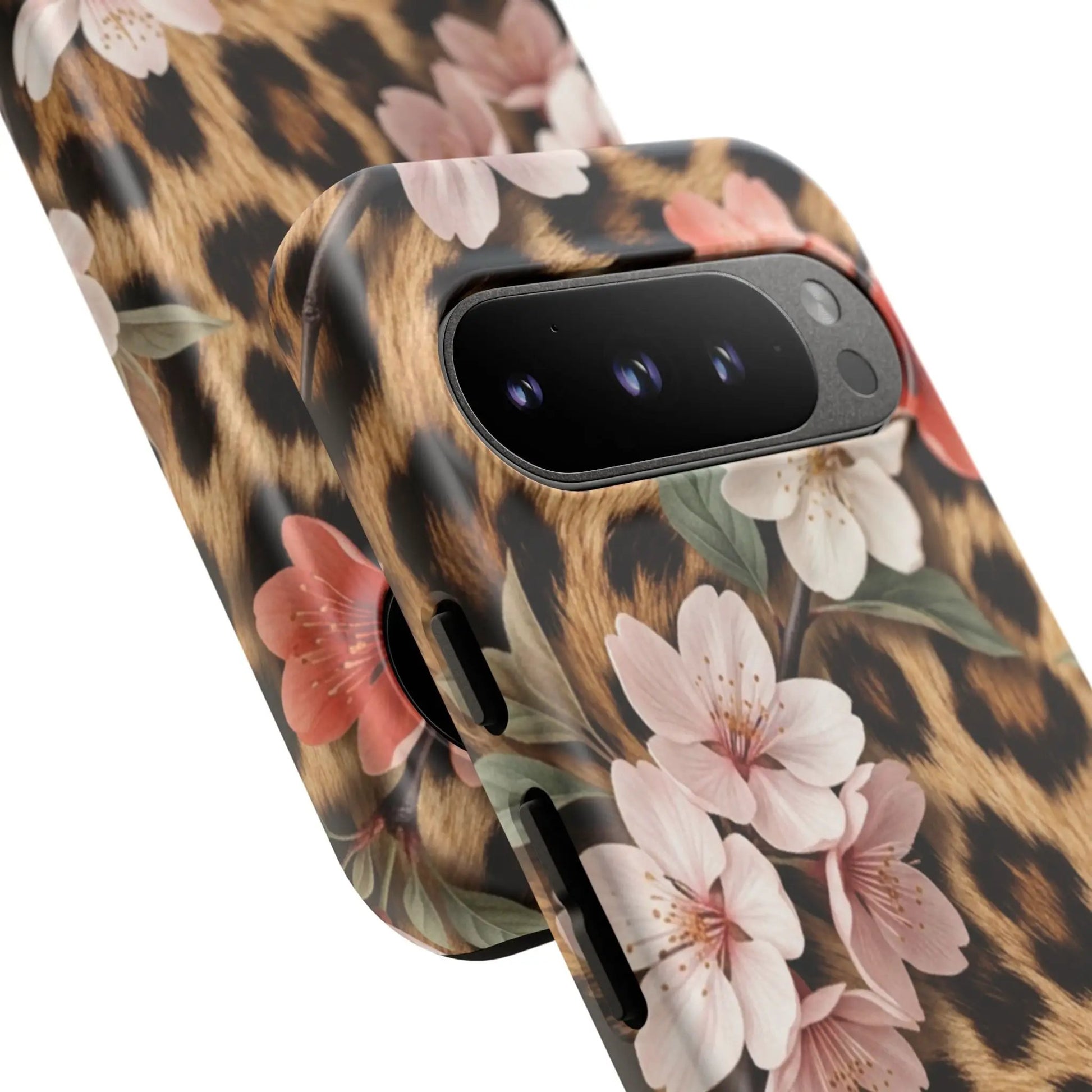 Leopard Floral Tough Case — Protective Phone Case with Pink Cherry Blossoms by Printify