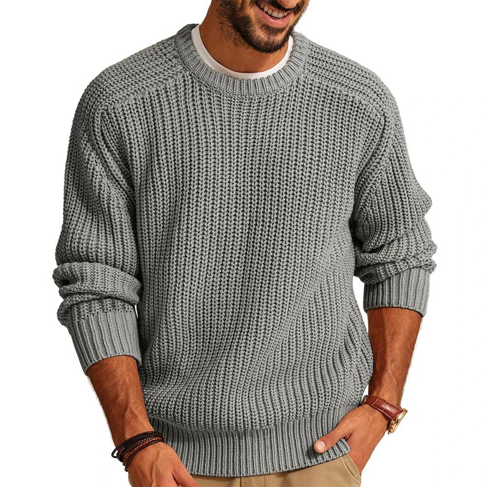 Men's Solid Color Long Sleeve Round Neck Fashion Sweater Loose Retro Sweater by GJG Denim