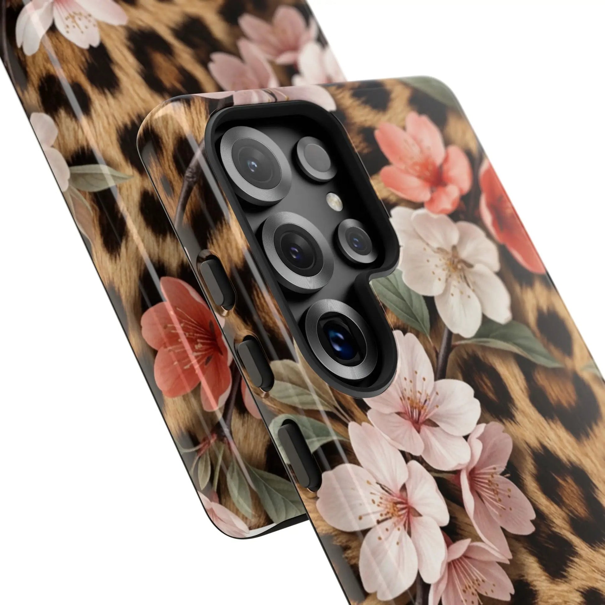 Leopard Floral Tough Case — Protective Phone Case with Pink Cherry Blossoms by Printify