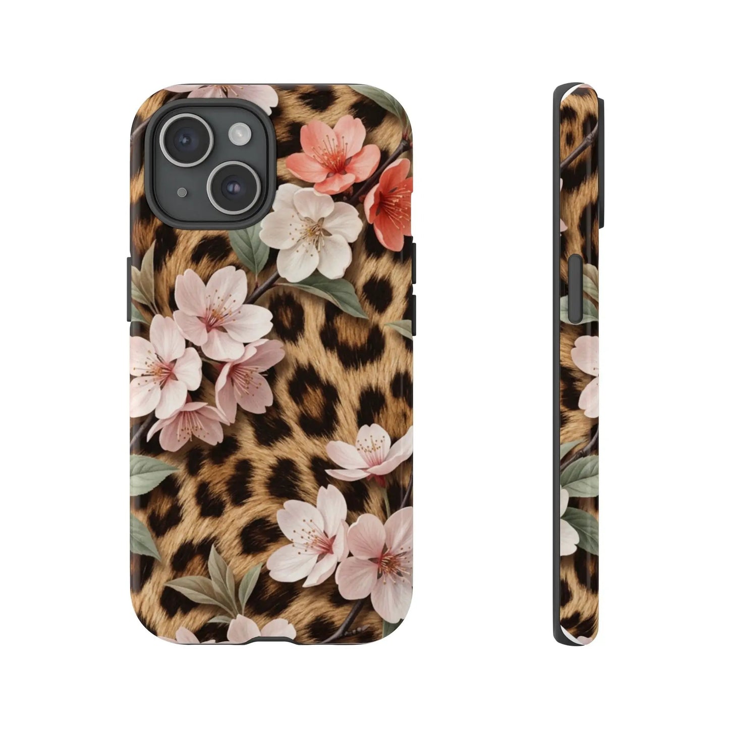 Leopard Floral Tough Case — Protective Phone Case with Pink Cherry Blossoms by Printify