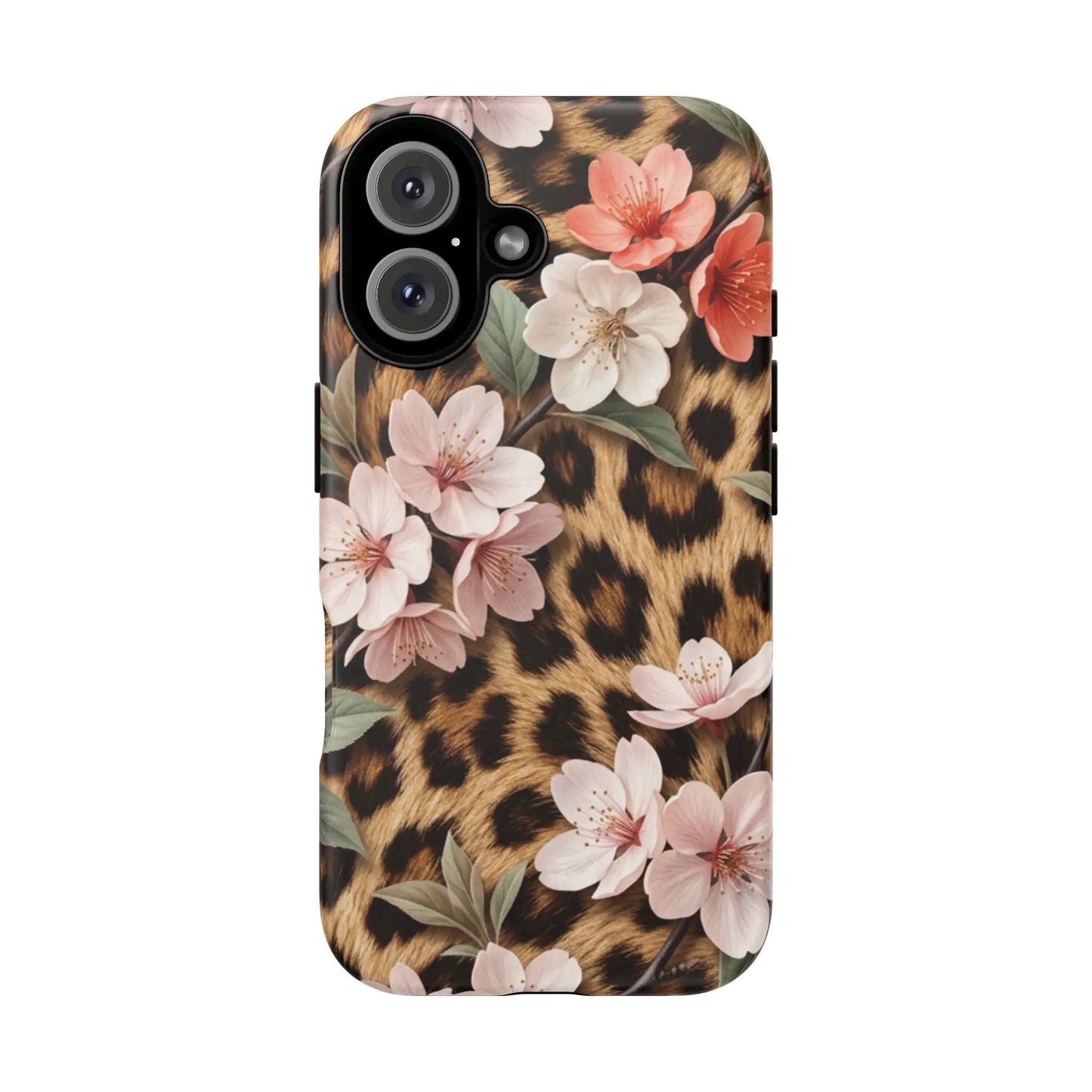 Leopard Floral Tough Case — Protective Phone Case with Pink Cherry Blossoms by Printify