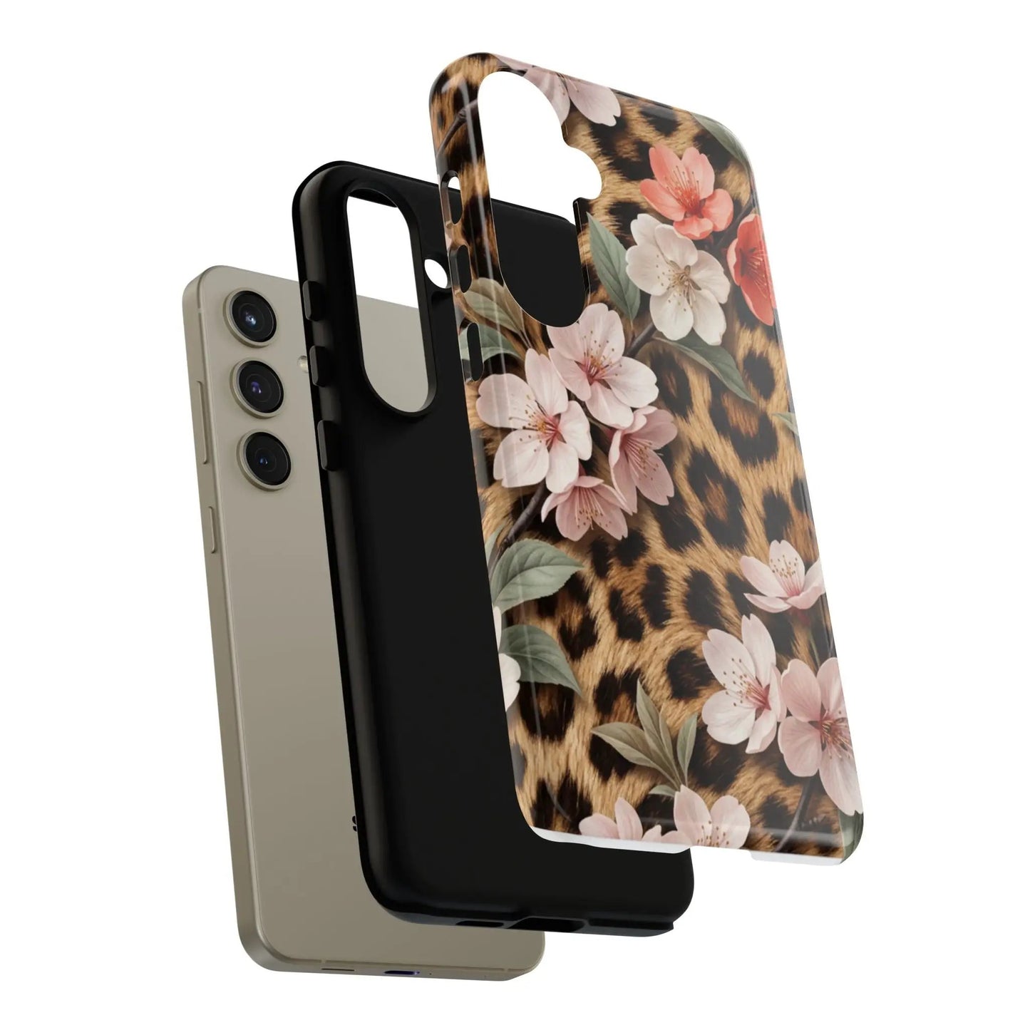 Leopard Floral Tough Case — Protective Phone Case with Pink Cherry Blossoms by Printify