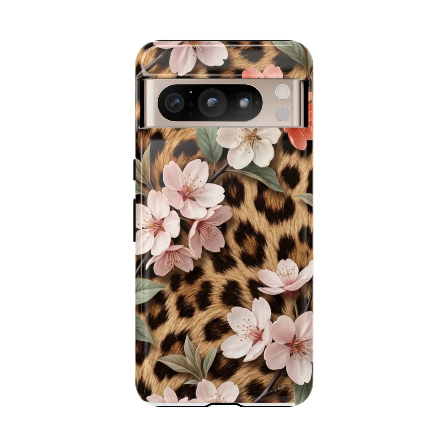 Leopard Floral Tough Case — Protective Phone Case with Pink Cherry Blossoms by Printify