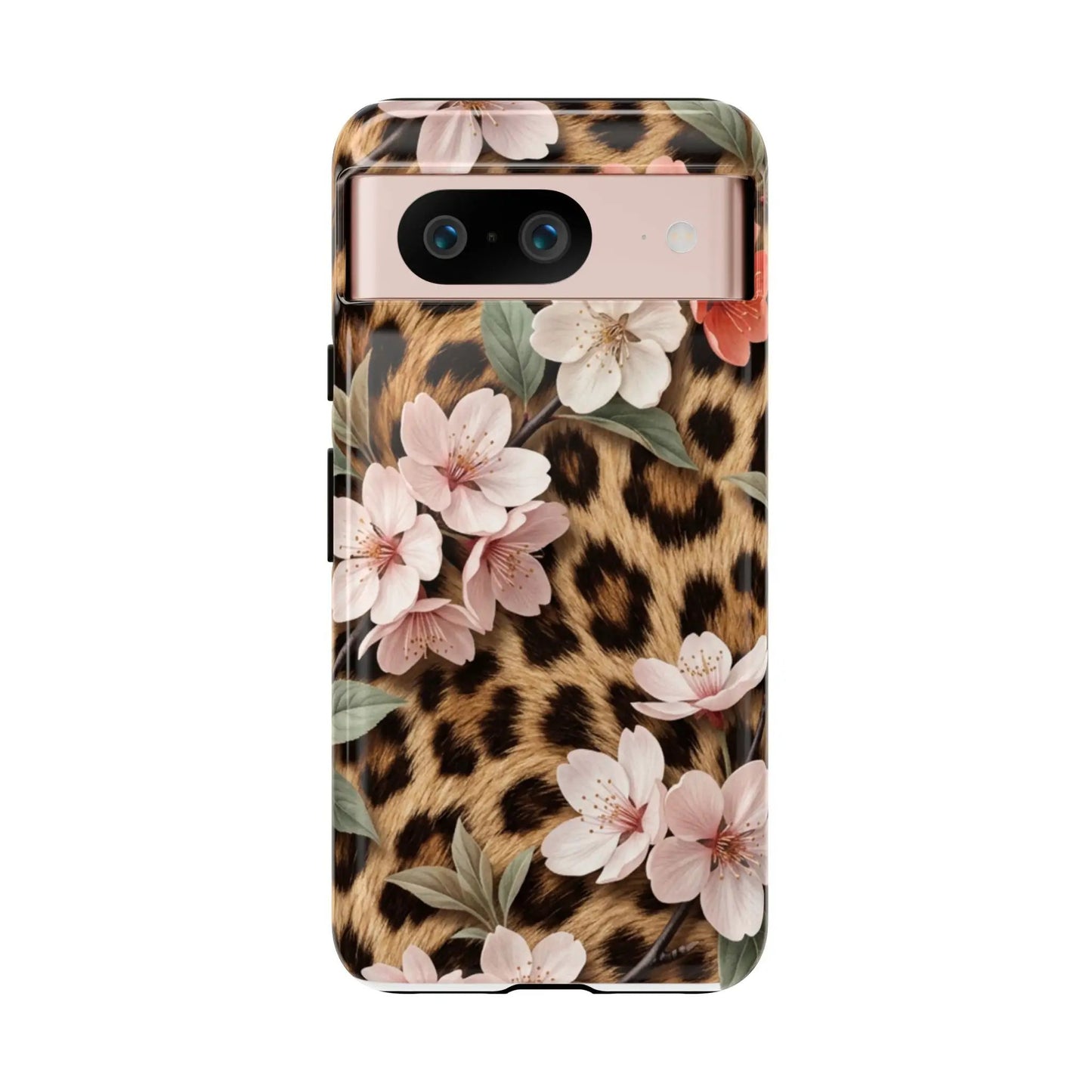 Leopard Floral Tough Case — Protective Phone Case with Pink Cherry Blossoms by Printify