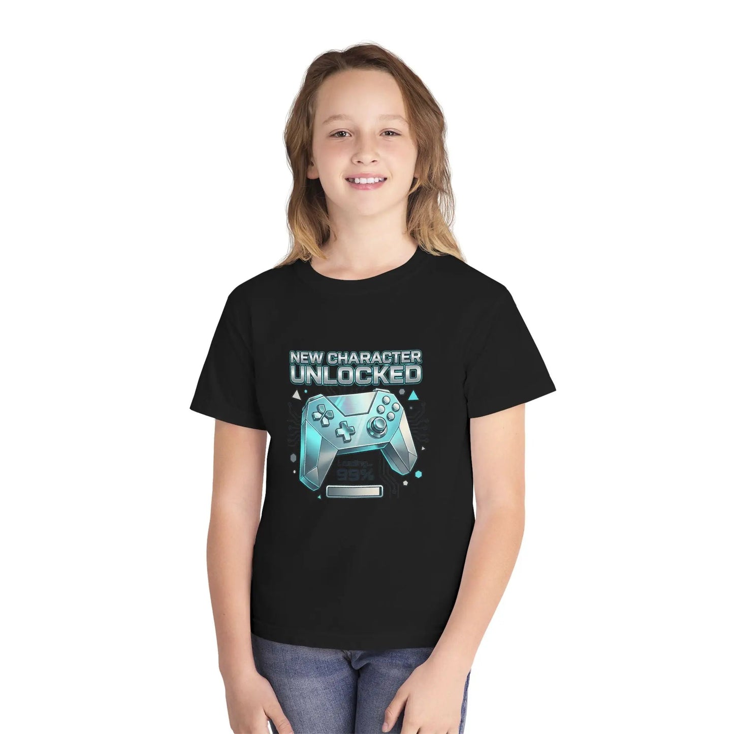 Youth Gaming Tee - "New Character Unlocked" Controller Design (Loading 99%) by Printify