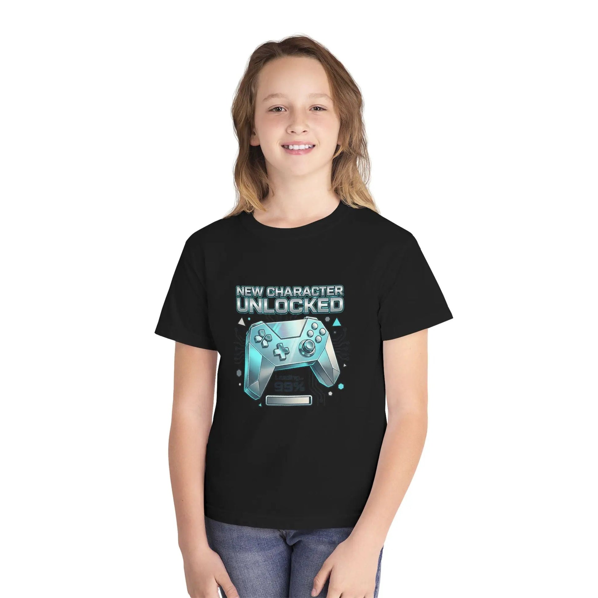 Youth Gaming Tee - "New Character Unlocked" Controller Design (Loading 99%) by Printify
