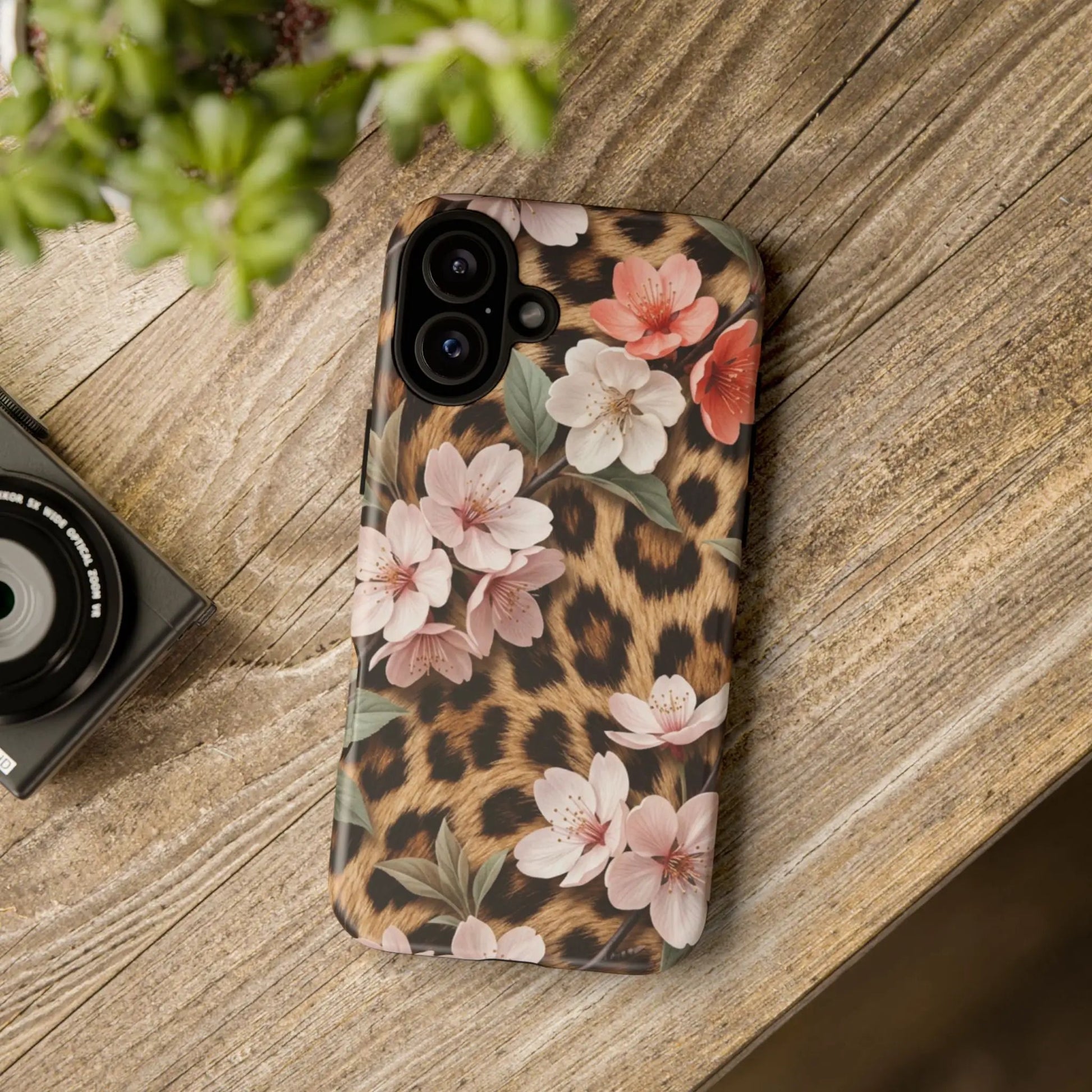 Leopard Floral Tough Case — Protective Phone Case with Pink Cherry Blossoms by Printify