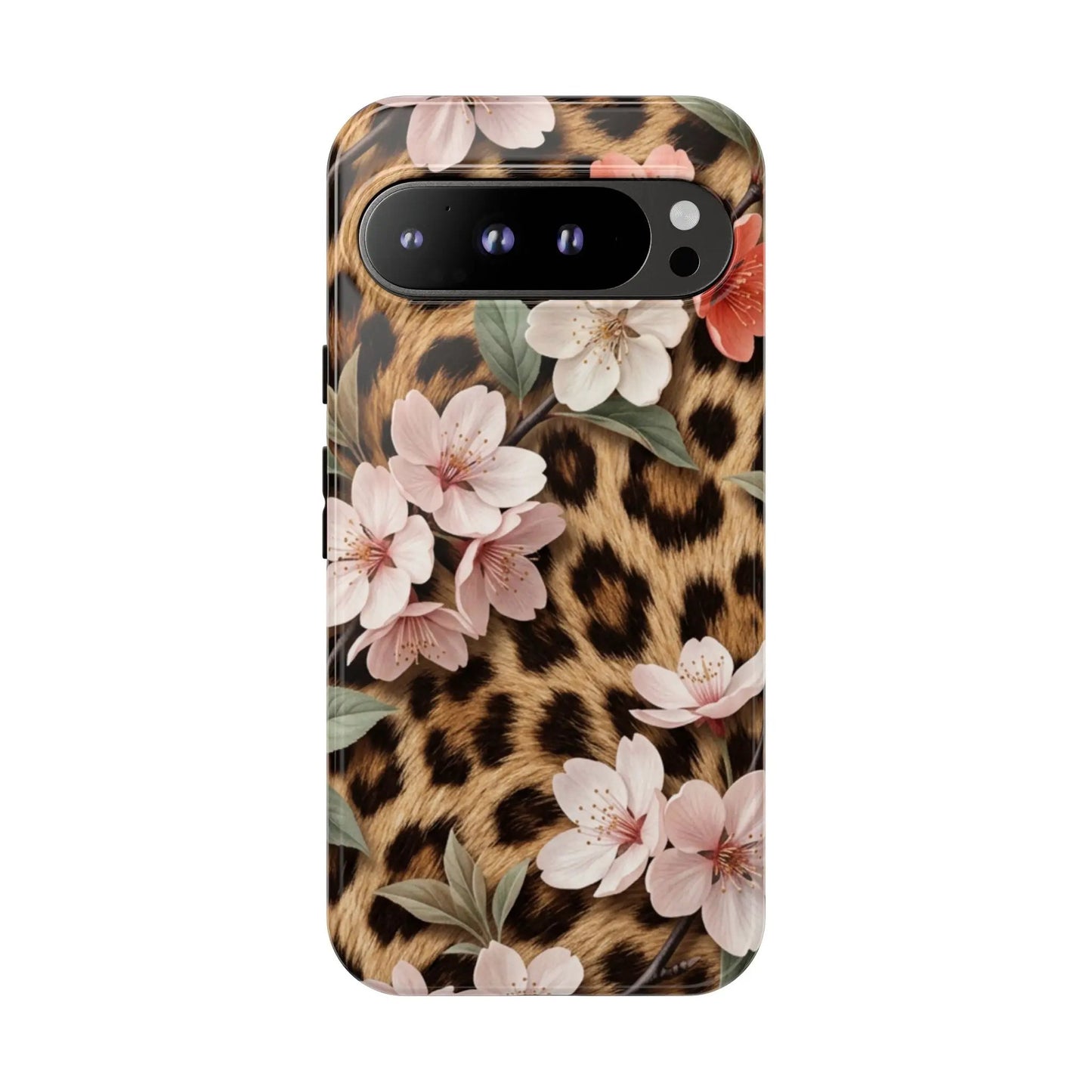 Leopard Floral Tough Case — Protective Phone Case with Pink Cherry Blossoms by Printify